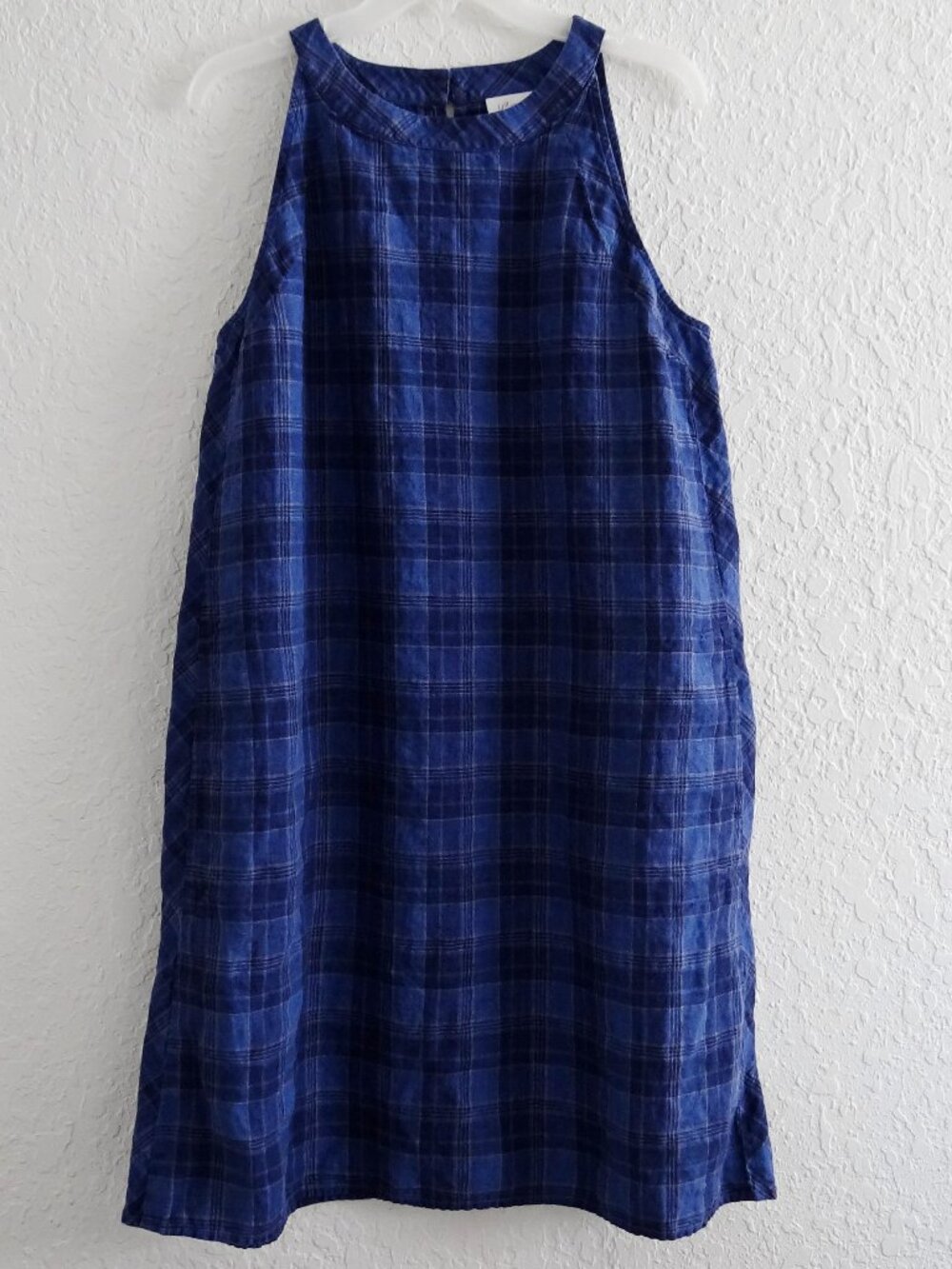 J. Jill Love Linen Women's L 100% Linen Plaid Shift Dress With Pockets Blue